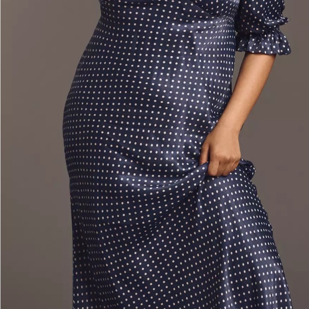 Anthropologie Navy and White Polka Dot Long Sleeve Dress